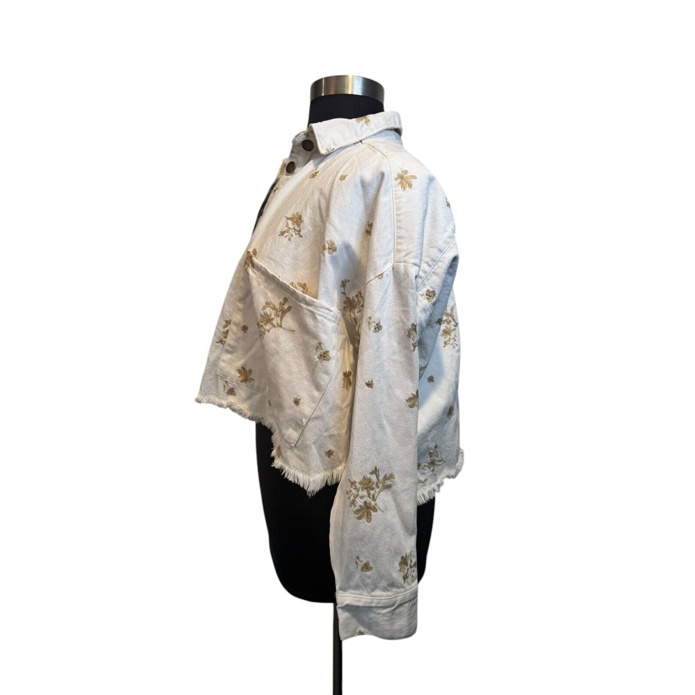 Zara denim jacket jean shirt white metallic floral embroidery medium NWT - Picture 5 of 11